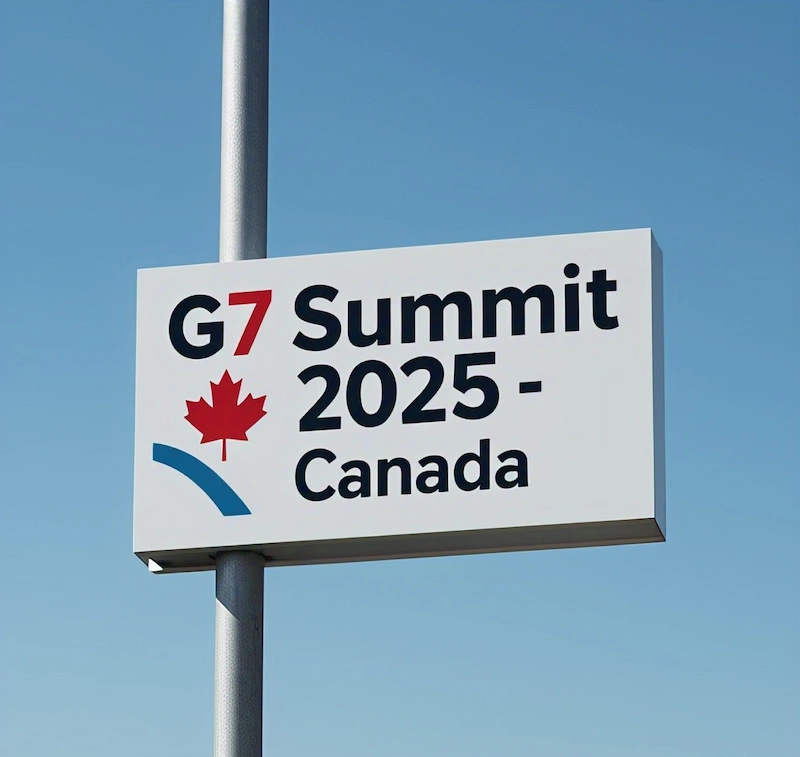 Illustration of G7 leaders at the 2025 Summit in Alberta, Canada